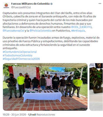 Capturados seis presuntos miembros del Clan del Golfo en Antioquia, incluido alias Chibolo - crédito @FuerzasMilCol/X