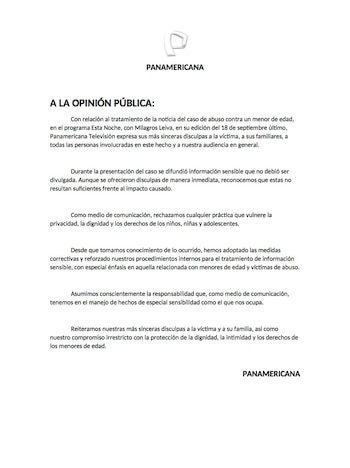 Documento impreso con el logotipo de Panamericana Televisión titulado A la opinión pública