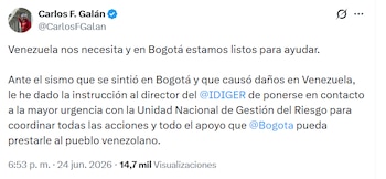 Carlos Fernando Galán ordenó al Idiger coordinar con la Unidad Nacional de Gestión del Riesgo apoyo en emergencias, logística y posible asistencia humanitaria - crédito Carlos Fernando Galán/X