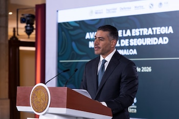 El secretario de Seguridad, Omar García Harfuch, durante 'La Mañanera' de este martes. (Crédito: Gobierno de México)