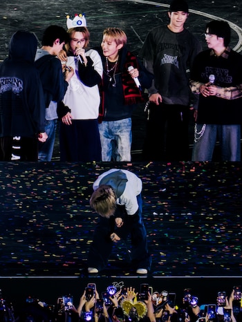 Los integrantes de BTS colocaron una corona de cumpleaños a Jimin durante la primera fecha en Santiago. Foto: Army Chile