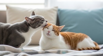 Dos gatos domésticos. Uno gris y blanco lame la cabeza del otro gato naranja y blanco. Ambos reposan sobre una manta con almohadones detrás.