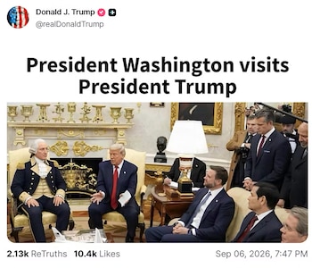 Captura de pantalla de Truth Social con el texto 'President Washington visits President Trump' y una imagen editada en la Oficina Oval