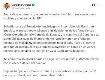 Carolina Corcho, senadora por el Pacto Histórico, denunciín una "grave inconsistencia fiscal" en el PGN de 2027 - crédito @carolinacorcho/X
