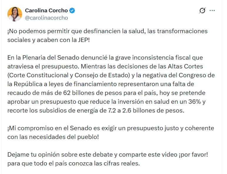 Carolina Corcho, senadora por el Pacto Histórico, denunciín una