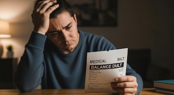 Primer plano de un hombre con el ceño fruncido y la mano en la cabeza, sosteniendo una factura con el texto "MEDICAL BALANCE DULT".