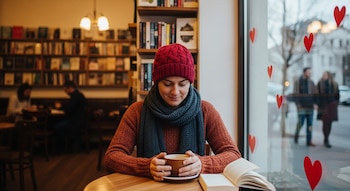 Persona sentada en una cafetería con un café y un libro, rodeada de decoraciones de corazones en la ventana.