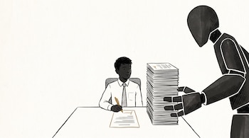 Ilustración de un hombre sentado frente a un escritorio con un documento mientras una figura mecánica negra apila hojas de papel a su lado.