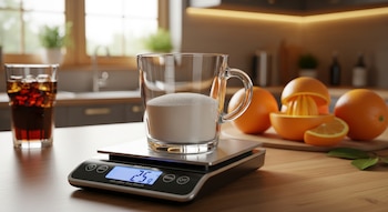 Vaso de vidrio con 25g de azúcar en una balanza digital sobre una mesada de madera. Al fondo, naranjas frescas para exprimir y un vaso de cola con hielo.