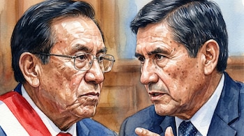 Pintura en acuarela de dos hombres mayores, José Balcázar con gafas a la izquierda y Luis Arroyo a la derecha, con expresiones serias y enfrentadas.