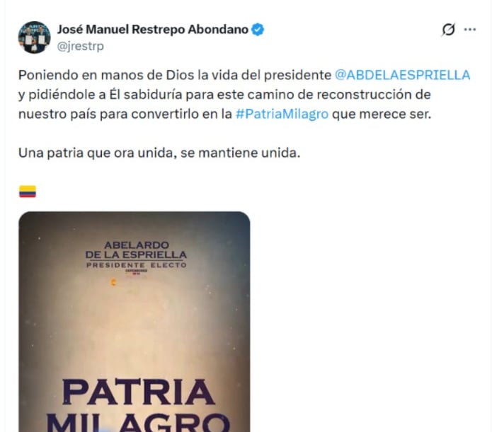 El vicepresidente electo José Manuel Restrepo envió un mensaje de fe y unidad nacional a Abelardo de la Espriella durante el retiro espiritual previo a la posesión - crédito @jrestrp/ X