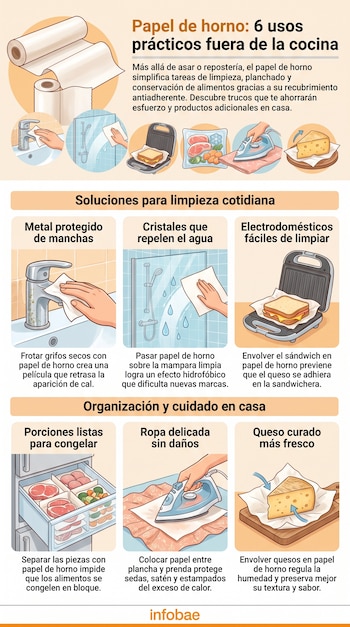 Dos rollos de papel de horno y seis ilustraciones que muestran su uso para limpiar grifos, mamparas, sandwicheras, congelar alimentos, planchar ropa y conservar queso. Logotipo de Infobae.