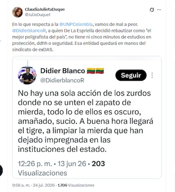 La periodista Claudia Julieta Duque criticó la designación de Didier Blanco como director de la UNP - crédito @JulieDuque1/X