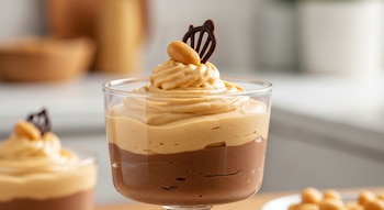Dos vasos con postre de dos capas, una marrón y otra beige. El del primer plano tiene crema batida, un maní entero y una decoración de chocolate.