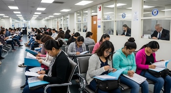Interior de sala de espera en embajada. Filas de solicitantes llenan formularios. Funcionarios consulares atienden entrevistas detrás de ventanillas al fondo.