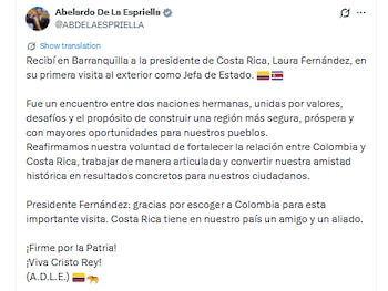 Este fue el balance que entregó Abelardo de la Espriella a los colombianos, tras la reunión con la presidenta de Costa Rica, Laura Fernández - crédito @ABDELAESPRIELLA/X