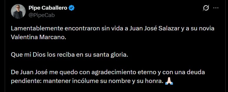 Tras confirmarse la muerte, el abogado Pipe Caballero expresó su pesar en redes sociales - crédito @PipeCab/X