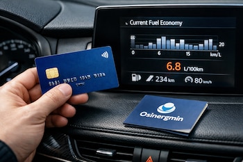 Mano sosteniendo tarjeta de débito azul frente a pantalla digital de tablero de auto con datos de consumo de combustible y folleto azul de Osinergmin.