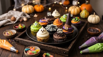 Cubre los cupcakes con crema de mantequilla y crea diseños de fantasmas, monstruos, telarañas y sombreros de bruja - crédito VisualesIA Infobae