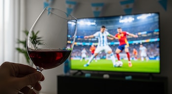 Primer plano de una mano que sostiene una copa de vino tinto. Al fondo, un televisor muestra un partido de fútbol con jugadores y banderines celestes y blancos.