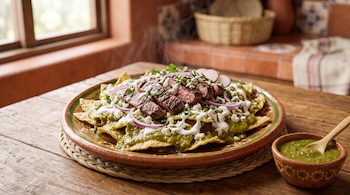 Plato de barro con chilaquiles en salsa verde, carne asada, crema y queso, junto a un cuenco con salsa verde sobre una mesa de madera.