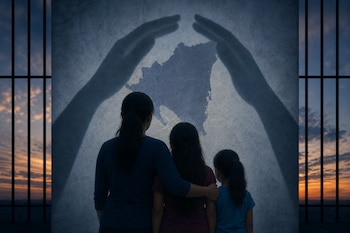 Una mujer y dos niñas vistas de espaldas observan un mapa dibujado sobre un muro entre sombras de manos y barrotes de prisión.