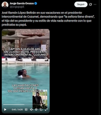 En redes sociales circuló un video en donde se ve al hijo mayor del exmandatario disfrutando del Hotel Presidente, en Cozumel, Quintana Roo.