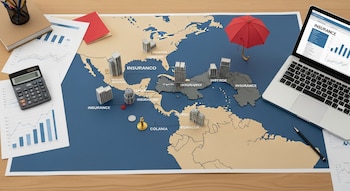 Mapa abstracto de Centroamérica en una mesa de trabajo con edificios en miniatura, un paraguas rojo, gráficos de barras y líneas, una calculadora y una laptop encendida.