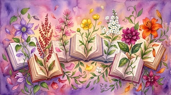 Siete libros abiertos de los que brotan diversas flores de colores y enredaderas sobre un fondo abstracto pintado en tonos violetas y rosados.