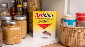 Caja amarilla de raticida con la imagen de un roedor, situada en un estante junto a frascos de alimentos y una cesta.