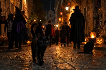 Gatos negros en una calle de adoquines con calabazas iluminadas, faroles y personas con disfraces y sombreros de espaldas en la noche.