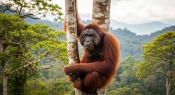 Primer plano de un orangután de Tapanuli adulto con pelaje rojizo, abrazando un tronco de árbol, con una densa selva verde y montañas al fondo.