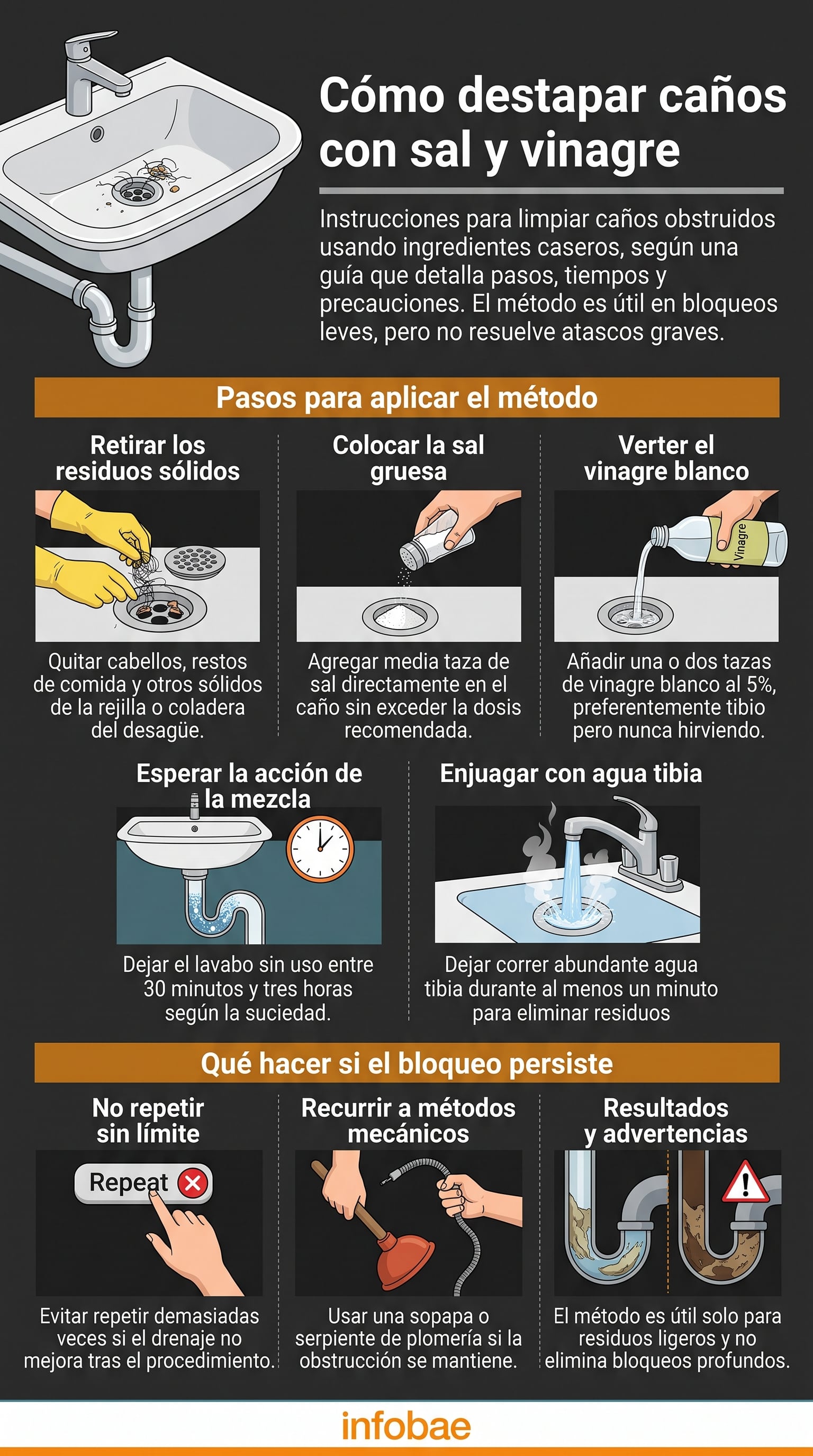 Guía para desatascar tuberías con sal y vinagre. (Imagen Ilustrativa Infobae)