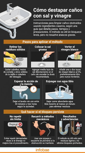 Infografía con ilustraciones sobre los pasos para limpiar un desagüe obstruido mediante sal gruesa, vinagre y agua tibia.