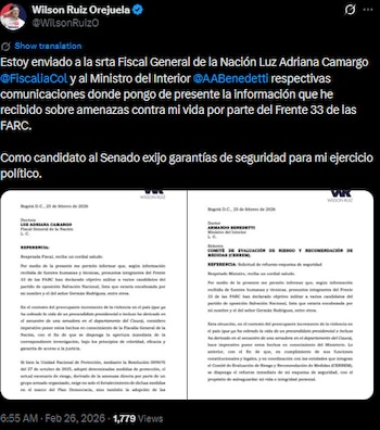 Wilson Ruiz alertó sobre amenazas