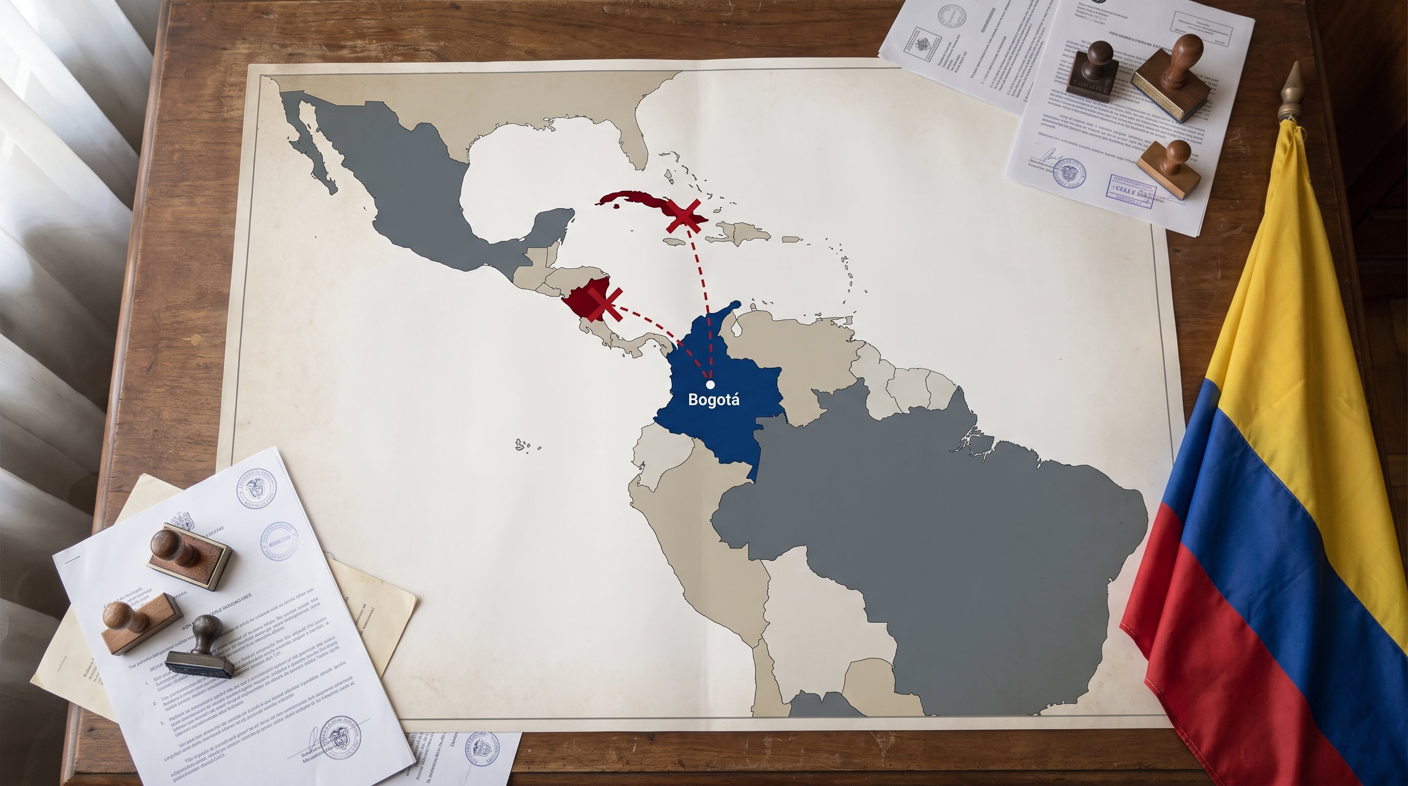 Un mapa de América Latina y el Caribe muestra a Colombia resaltada en azul, con rutas de Bogotá hacia Cuba y Nicaragua que terminan abruptamente con una cruz roja. (Imagen Ilustrativa Infobae)