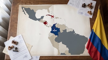 Mapa de América Latina con Colombia resaltada en azul. Rutas discontinuas unen Bogotá con Cuba y Nicaragua marcadas con cruces rojas. Papeles, sellos y bandera colombiana.