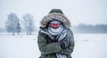 Una persona envuelta en una parka verde con capucha de piel, gorro y bufanda grises, con el rostro enrojecido y cejas escarchadas, se abraza a sí misma en un campo nevado bajo la nieve que cae.