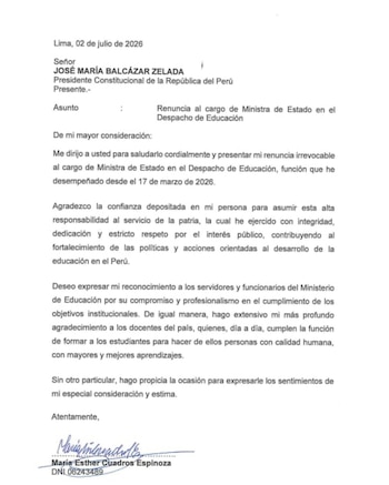 Documento impreso en blanco con texto negro, que muestra una carta de renuncia firmada por María Esther Cuadros Espinoza