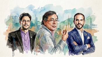 Ilustración en acuarela de Iván Cepeda a la izquierda, Gustavo Petro en el centro sosteniendo un lápiz, y Abelardo de la Espriella a la derecha.