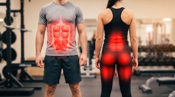 Un hombre con camiseta gris y pantalón corto oscuro muestra el abdomen resaltado en rojo, una mujer con top y leggings negros muestra espalda y glúteos rojos en un gimnasio.