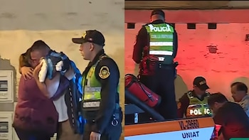 Dos escenas: a la izquierda, una persona abraza a otra visiblemente afectada junto a un policía; a la derecha, agentes de policía y un vehículo de emergencia