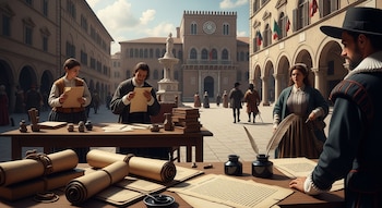 Plaza con edificios, fuente, personas. Mesa con rollos de pergamino, plumas, tinteros, libros y hojas manuscritas.