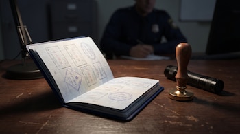 Pasaporte abierto con sellos, sello de madera de empuñadura cónica y linterna sobre un escritorio de madera, con un oficial al fondo.