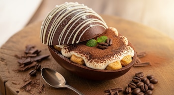 Un huevo de Pascua de chocolate oscuro abierto con relleno de tiramisú, decorado con cacao, granos de café y hojas de menta sobre una tabla de madera.