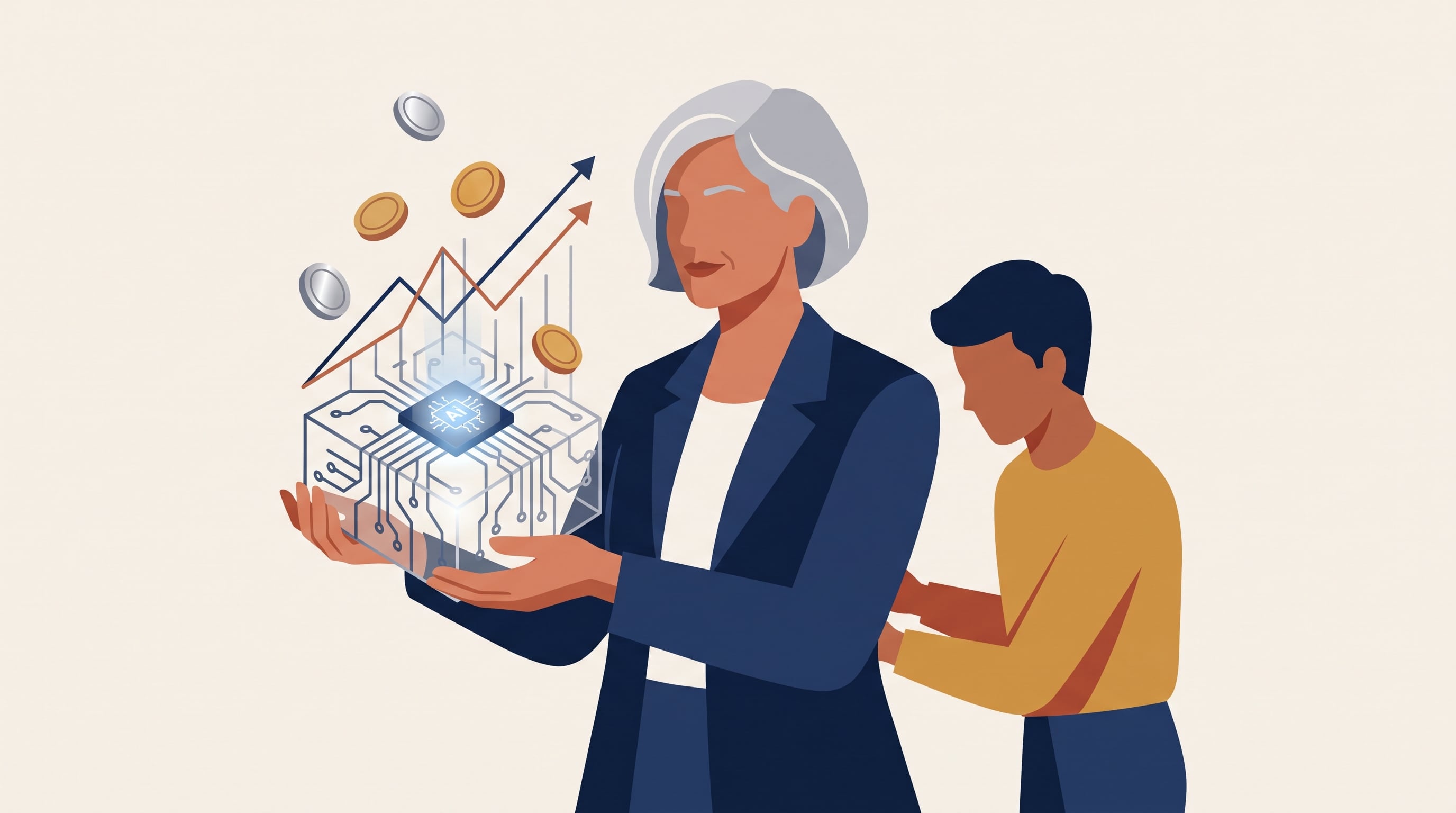 Una ejecutiva sostiene una estructura digital de inteligencia artificial con gráficos de crecimiento y monedas, junto a un joven colaborador. (Imagen Ilustrativa Infobae)