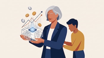 Una mujer con traje azul sostiene un cubo transparente con circuitos digitales y monedas flotantes mientras una persona joven trabaja a su lado.