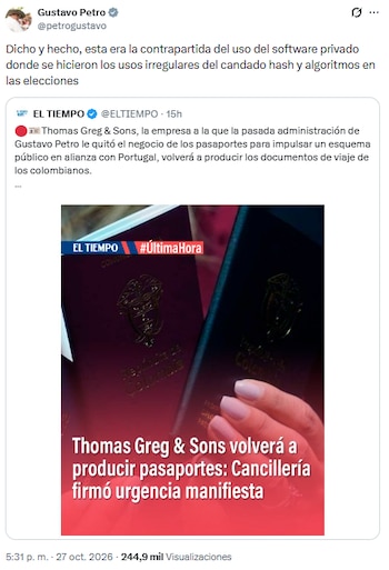 Gustavo Petro reaccionó a la confirmación del contrato de pasaportes