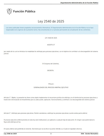 La Ley 2540 de 2025 introduce el arbitraje para procesos ejecutivos en Colombia con el fin de agilizar la recuperación de carteras y descongestionar el sistema judicial - crédito Función Pública