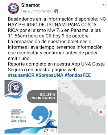 El Sistema Nacional de Monitoreo de Tsunamis (SINAMOT) descartó que el terremoto de magnitud 7,2 represente una amenaza de tsunami para las costas costarricenses.